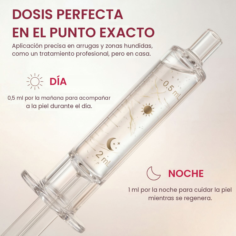 Jeringa cosmética del sérum antiarrugas Merovale, dosis de 0,5 ml por la mañana y 1 ml por la noche, aplicación localizada en las arrugas