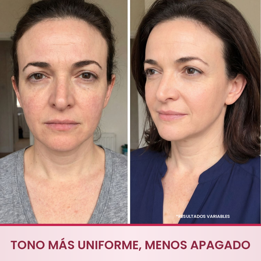 Sérum antiarrugas Merovale antes y después, tono uniforme y piel luminosa y menos apagada con Péptidos de Seda