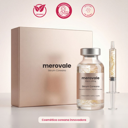 Sérum antiarrugas Merovale de Péptidos de Seda con filamentos dorados y jeringa cosmética