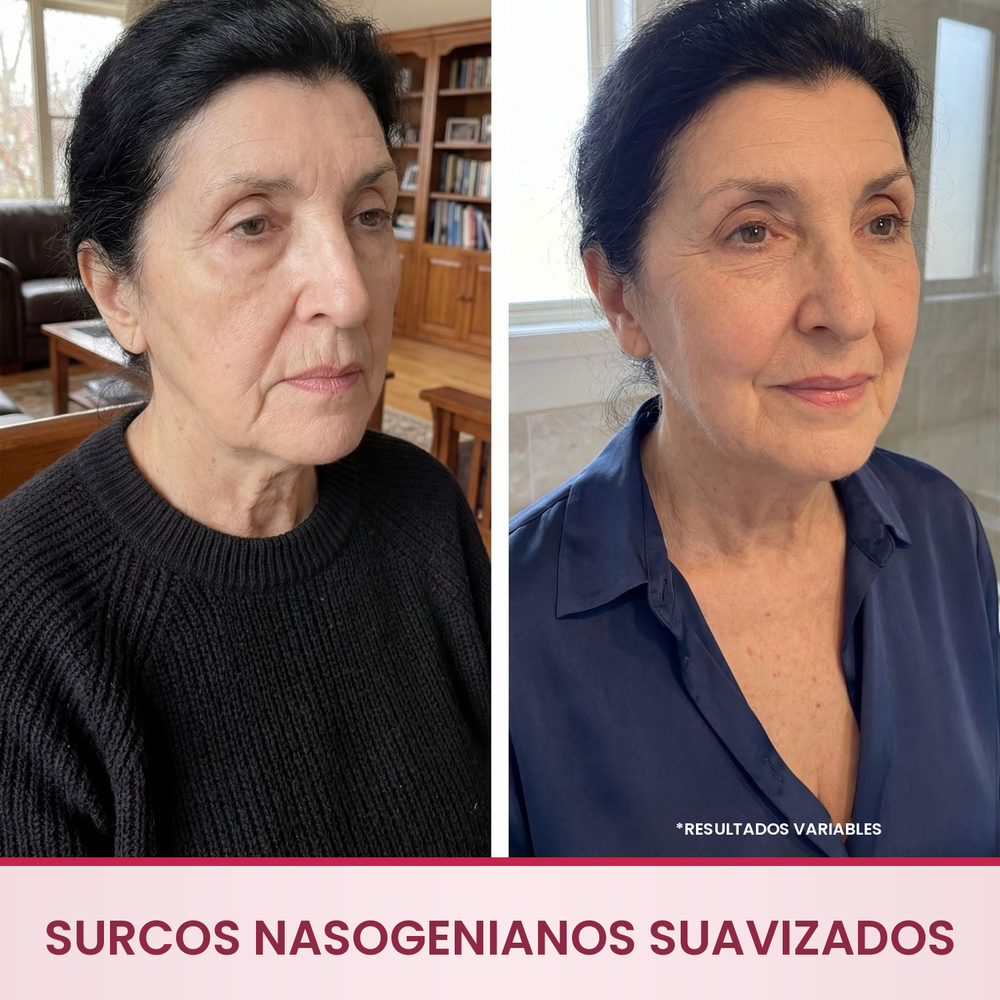 Sérum antiarrugas Merovale antes y después, arrugas de expresión y surcos nasogenianos suavizados