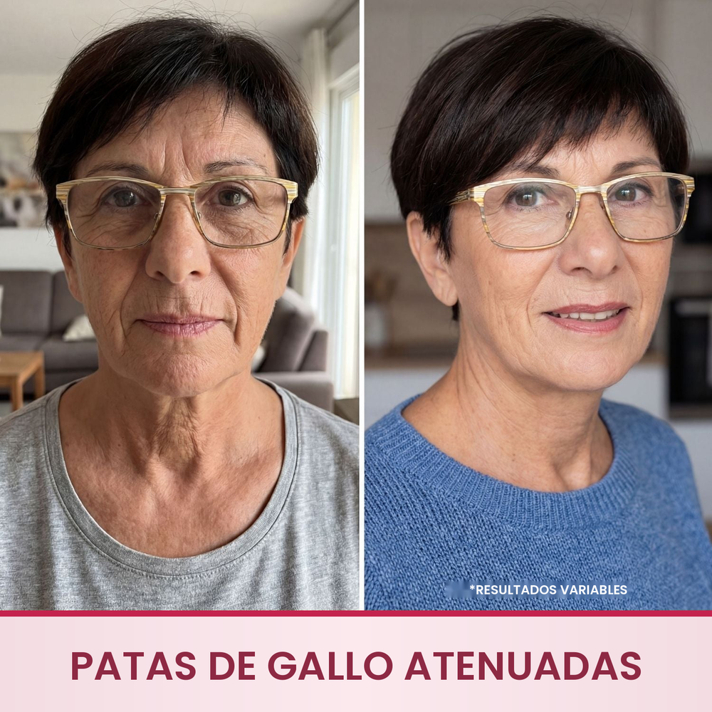 Sérum antiarrugas Merovale antes y después, patas de gallo atenuadas y arrugas de expresión del contorno de ojos
